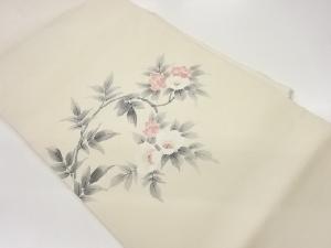 作家物　手織り紬手描き花葉模様名古屋帯